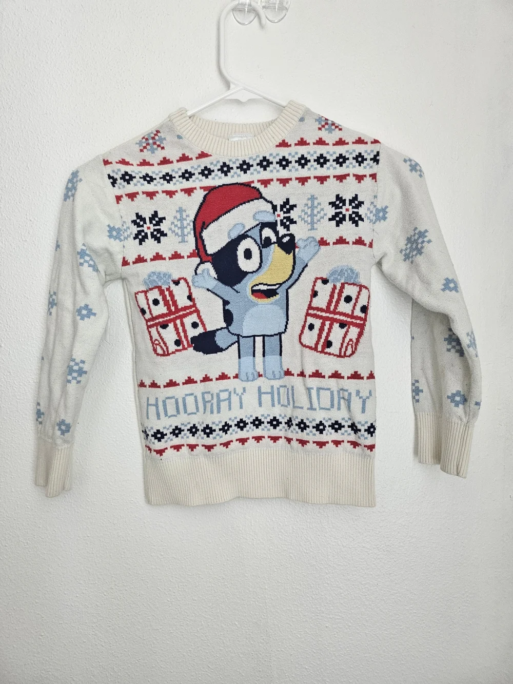 Youth BLUEY Holiday Graphic Crewneck Sweater - Cream with Red & Blue